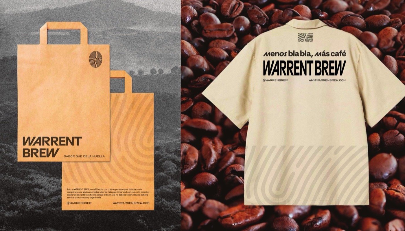 Bolsas y camisa de marca de Warrent Brew sobre granos de café